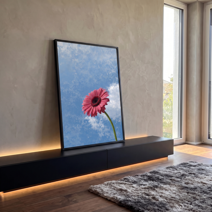 Flor gerbera rosa de caule verde erguida contra céu azul com nuvens brancas, quadro decorativo