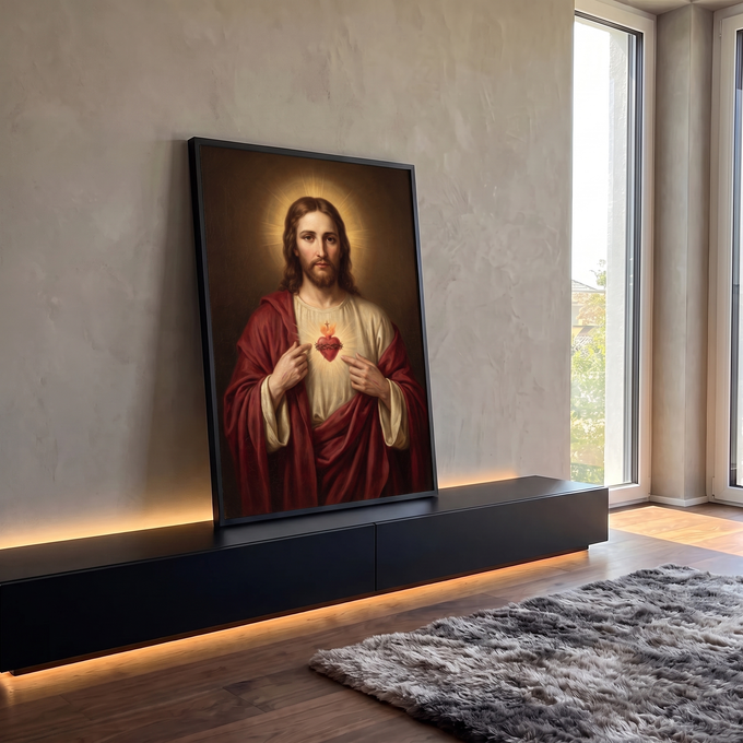 Quadro Decorativo Grande Sagrado Coração de Jesus para Sala | quadros decorativos para sala | Jesus Cristo apontando para o Sagrado Coração em chamas com coroa de espinhos | em Quadros para Sala | Porao dos Quadros