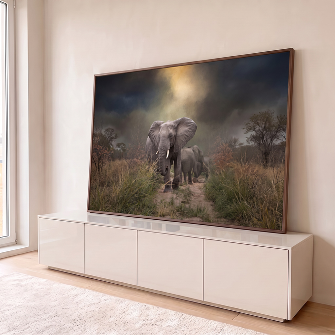 Elefante adulto e filhote caminhando em trilha na savana sob céu escuro de tempestade, quadro decorativo