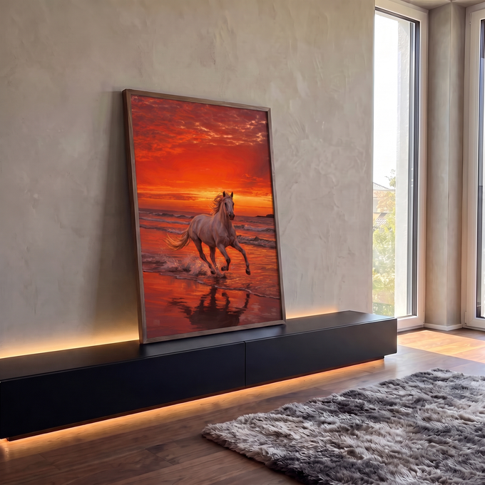Cavalo branco galopando na praia sob pôr do sol vermelho e laranja, reflexo na areia molhada, quadro decorativo