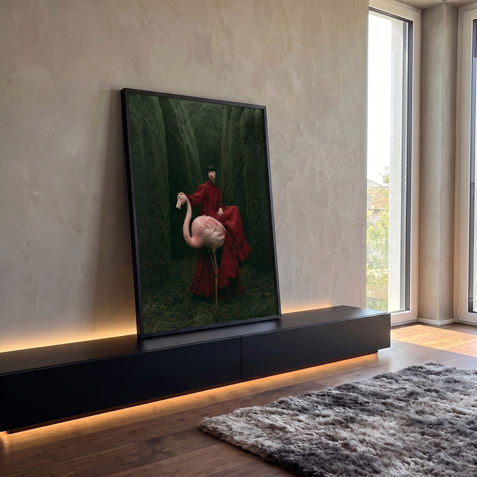 Quadro Decorativo Grande Mulher com Flamingo para Sala | quadros decorativos para sala | mulher de vestido vermelho segurando flamingo rosa em corredor de sebes verdes escuras | em Quadros para Sala | Porao dos Quadros