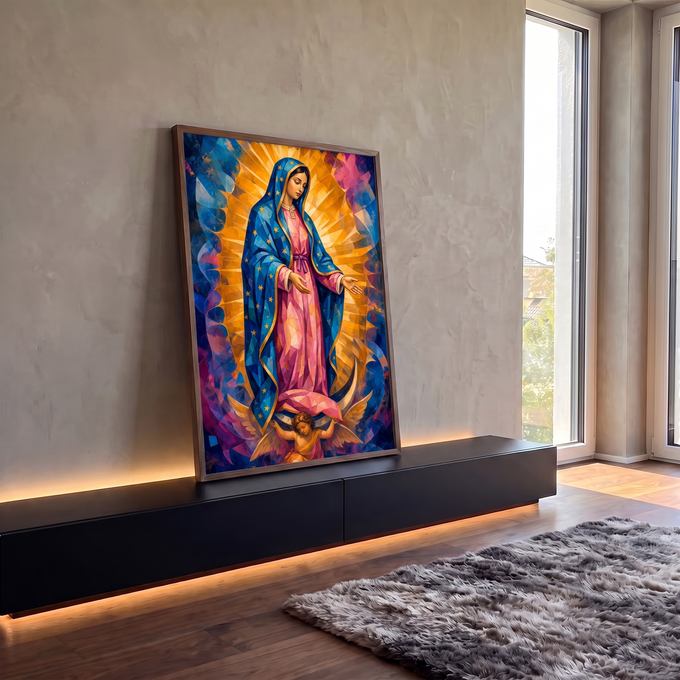 Quadro Decorativo Grande Nossa Azul para Sala | quadros decorativos para sala | Nossa Senhora de Guadalupe em estilo geométrico com manto azul estrelado e raios dourados | em Quadros para Sala | Porao dos Quadros