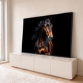 Quadro Decorativo Grande Cavalo Castanho Vento para Sala | quadros decorativos para sala | cavalo castanho com crina preta ao vento sobre fundo totalmente preto | em Quadros para Sala | Porao dos Quadros