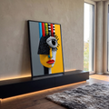 Quadro Decorativo Grande Rosto Cubista para Sala Amarelo | quadros decorativos para sala | rosto cubista colorido com olho grande, lábios vermelhos e hastes no cabelo | em Quadros para Sala | Porao dos Quadros