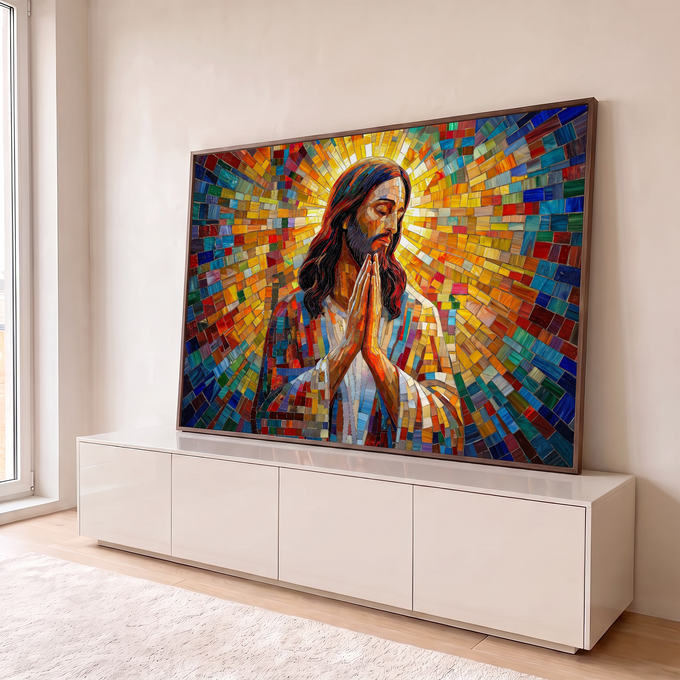 Quadro Decorativo Grande Jesus Mosaico para Sala | quadros decorativos para sala | Jesus em oração com halo dourado sobre fundo em mosaico colorido estilo vitral | em Quadros para Sala | Porao dos Quadros