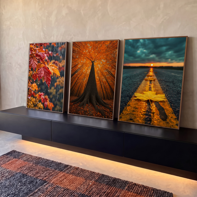 Quadro Decorativo Kit 3 Telas Outono em Folhas para Sala | quadros decorativos para sala | painel de três fotos de outono com folhas na chuva, árvore dourada e estrada ao entardecer | em Quadros para Sala | Porao dos Quadros