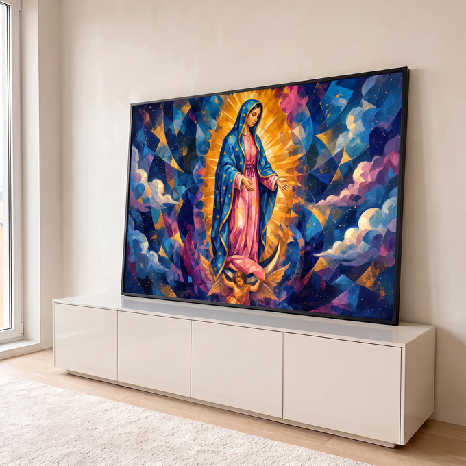 Nossa Senhora de Guadalupe cubista com manto azul estrelado, raios dourados e anjo, quadro decorativo