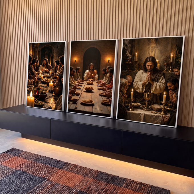 Quadro Decorativo Grande Última Ceia de Jesus para Sala | quadros decorativos para sala | três cenas da Última Ceia com Jesus e apóstolos em tons dourados e marrons | em Quadros para Sala | Porao dos Quadros