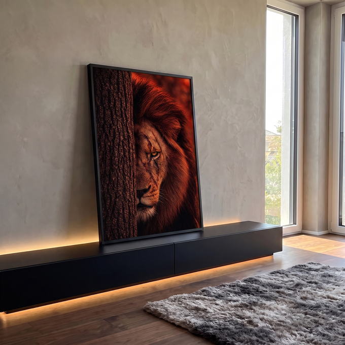 Leão de juba avermelhada com cicatrizes no rosto espiando atrás de tronco de árvore, quadro decorativo