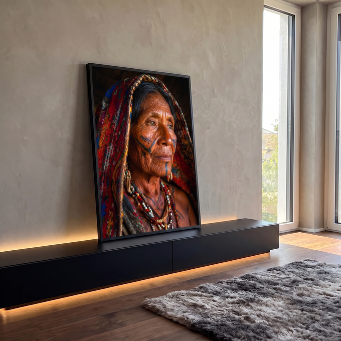 Quadro Decorativo Grande Retrato de Mulher para Sala | quadros decorativos para sala | retrato de mulher idosa indígena com tatuagens faciais e véu colorido | em Quadros para Sala | Porao dos Quadros