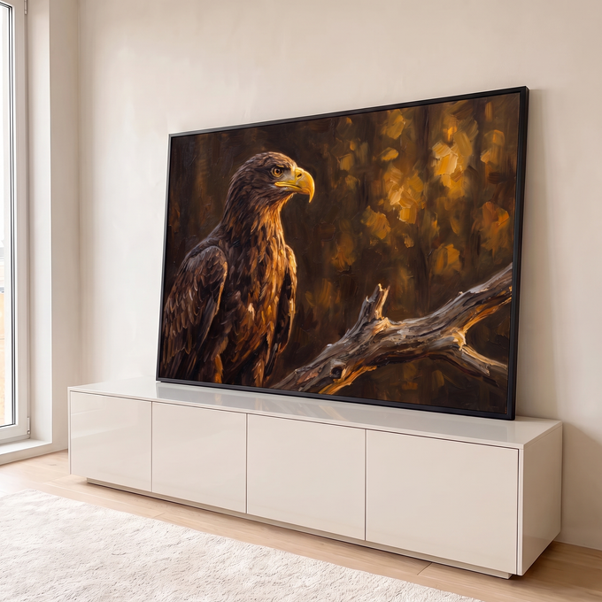 Águia marrom pousada em galho seco, pintura a óleo com fundo em tons dourados, quadro decorativo