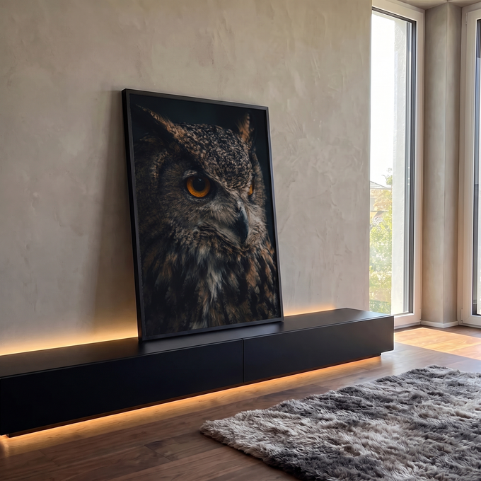 Coruja em close de perfil com olhos laranja e penas marrons sobre fundo escuro, quadro decorativo
