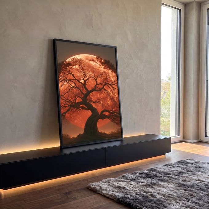 Quadro Decorativo Árvore Seca Silhueta com Lua Vermelha | quadros decorativos para sala | árvore retorcida em silhueta preta contra lua gigante laranja avermelhada | em Quadros para Sala | Porao dos Quadros