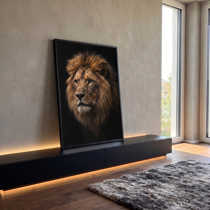 Retrato de leão com juba castanho-dourada e olhar de lado sobre fundo preto, quadro decorativo