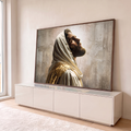 Quadro Decorativo Grande Homem de Manto para Sala Dourado | quadros decorativos para sala | homem de perfil com manto dourado e capuz branco olhando para o alto | em Quadros para Sala | Porao dos Quadros