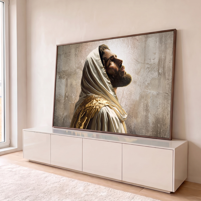 Quadro Decorativo Grande Homem de Manto para Sala Dourado | quadros decorativos para sala | homem de perfil com manto dourado e capuz branco olhando para o alto | em Quadros para Sala | Porao dos Quadros