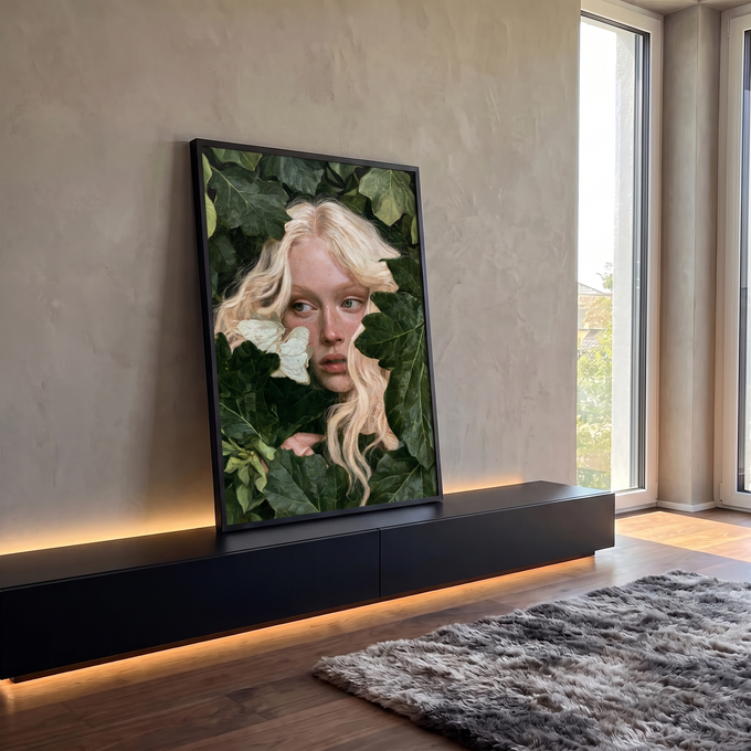 Quadro Decorativo Grande Mulher Loira para Sala Verde | quadros decorativos para sala | mulher loira de olhos claros cercada por folhas verdes com mariposas brancas no rosto | em Quadros para Sala | Porao dos Quadros