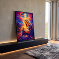 Quadro Decorativo Nossa Senhora com Menino Jesus e Estrela | quadros decorativos para sala | Nossa Senhora segurando o Menino Jesus com estrela brilhante e fundo colorido abstrato | em Quadros para Sala | Porao dos Quadros