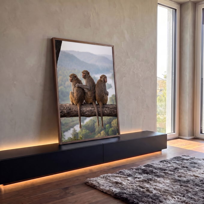 Quadro Decorativo Grande Três Macacos para Sala Marrom | quadros decorativos para sala | três macacos sentados num galho com paisagem de rio e colinas ao fundo | em Quadros para Sala | Porao dos Quadros