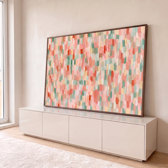 Quadro Decorativo Grande Abstrato em Pinceladas para Sala | quadros decorativos para sala | pinceladas abstratas em rosa, coral e verde-sálvia com textura densa | em Quadros para Sala | Porao dos Quadros