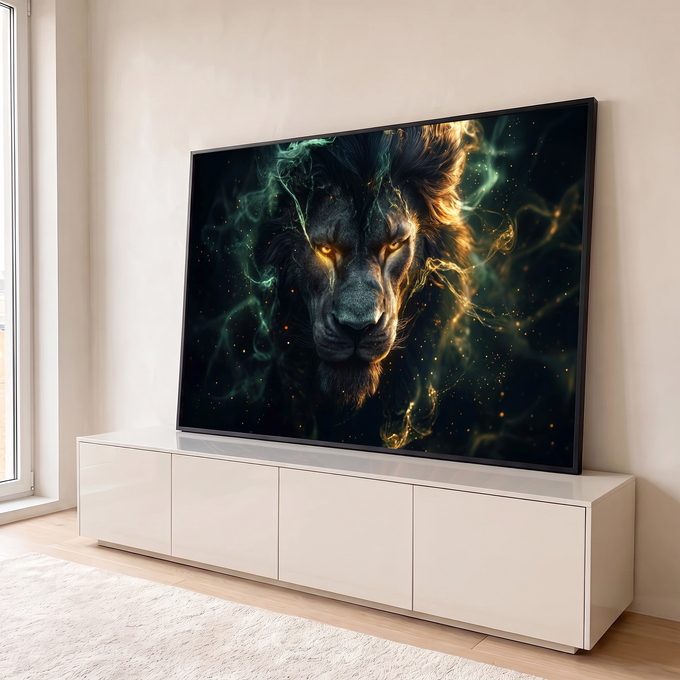 Quadro Decorativo Grande Leão com Olhos para Sala Preto | quadros decorativos para sala | leão com olhos dourados intensos cercado por fumaça verde e dourada | em Quadros para Sala | Porao dos Quadros