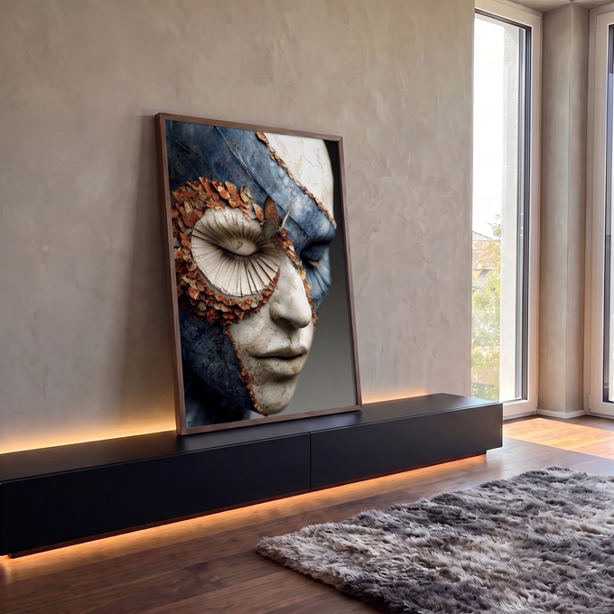 Rosto esculpido azul e branco craquelado com olho em leque e borboletas laranja, quadro decorativo