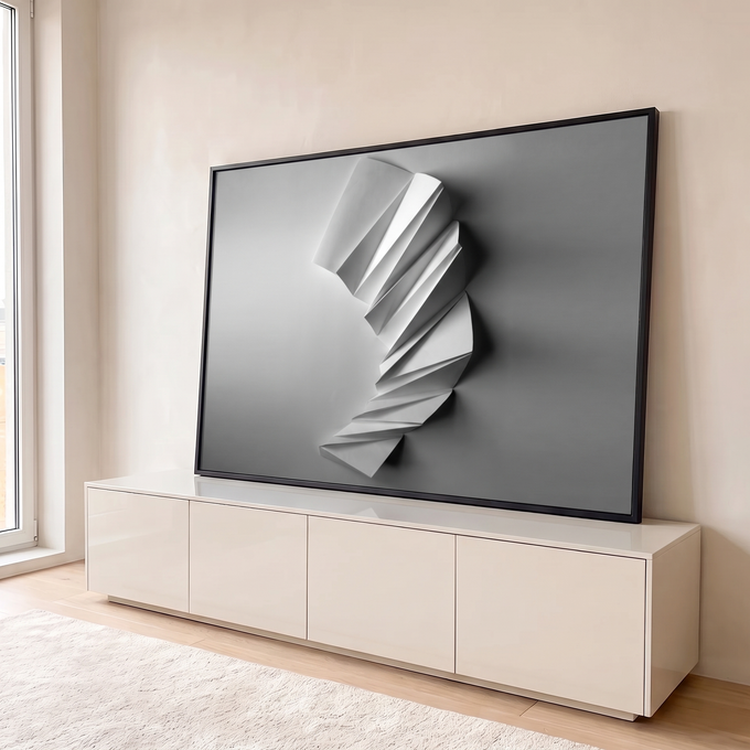 Quadro Decorativo Grande Escultura Branca para Sala Branco | quadros decorativos para sala | escultura branca abstrata com dobras geométricas em espiral sobre fundo cinza | em Quadros para Sala | Porao dos Quadros