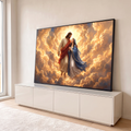 Quadro Decorativo Grande Jesus Luz Celestial para Sala | quadros decorativos para sala | Jesus e Nossa Senhora abraçados entre nuvens douradas e luz intensa | em Quadros para Sala | Porao dos Quadros