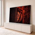Quadro Decorativo Grande Leão Espreitando para Sala Vermelho | quadros decorativos para sala | leão com cicatrizes espreitando atrás de árvore em tons vermelhos intensos | em Quadros para Sala | Porao dos Quadros