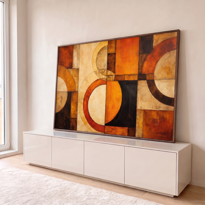 Quadro Decorativo Grande Abstrato Geométrico Ocre para Sala | quadros decorativos para sala | arcos e círculos geométricos em tons de terracota, ocre e preto | em Quadros para Sala | Porao dos Quadros