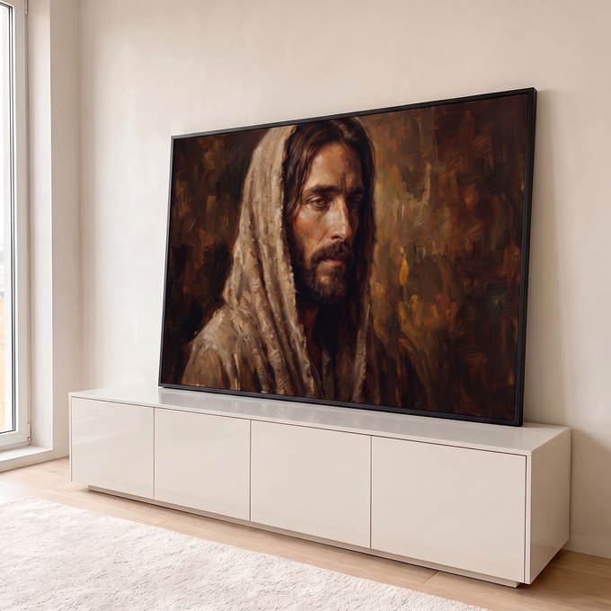 Retrato de Jesus Cristo com manto bege em pintura a óleo sobre fundo marrom, quadro decorativo
