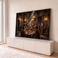 Jesus partindo o pão com os apóstolos em pátio de pedra com arcos e lampiões acesos, quadro decorativo