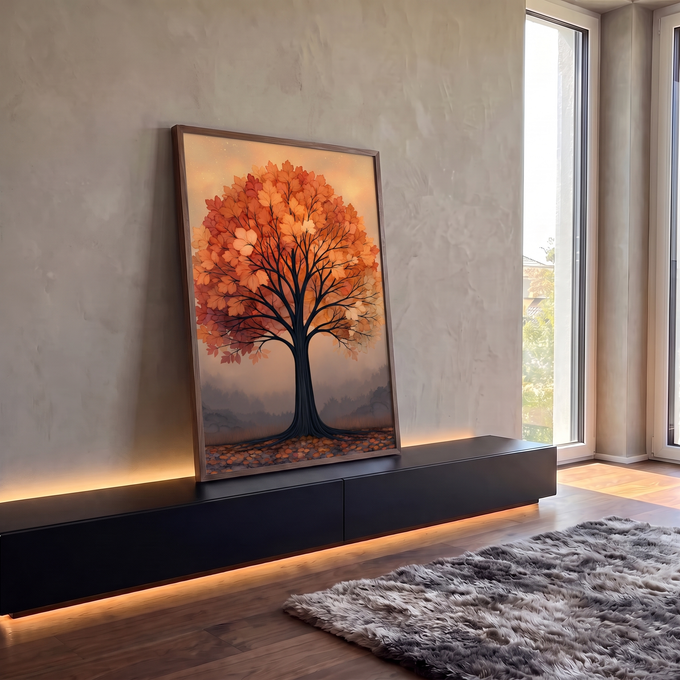 Quadro Decorativo Árvore de Outono em Tons Laranja e Dourado | quadros decorativos para sala | árvore solitária com folhagem laranja e dourada sobre céu brilhante ao entardecer | em Quadros para Sala | Porao dos Quadros