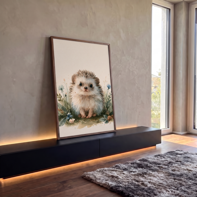 Filhote de ouriço em aquarela entre flores azuis e folhagens sobre fundo bege, quadro decorativo