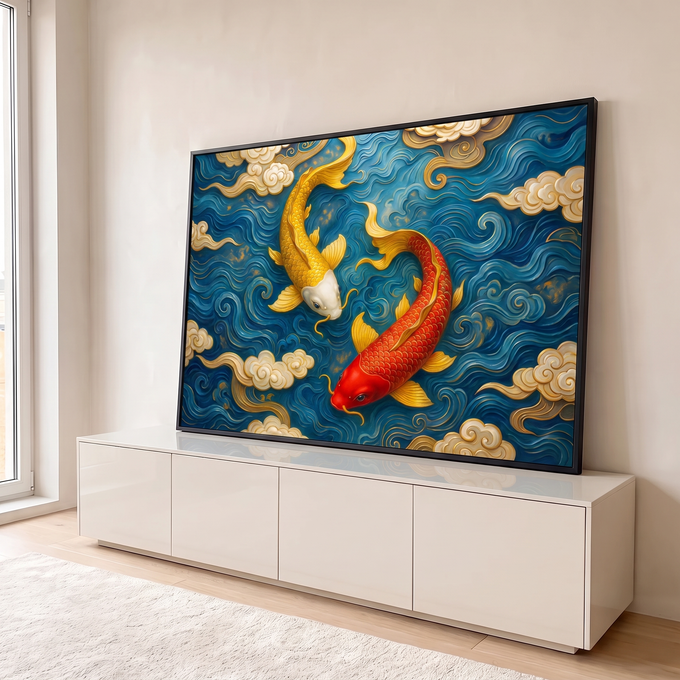 Quadro Decorativo Grande Peixes Koi Dourado para Sala Azul | quadros decorativos para sala | dois peixes koi dourado e vermelho nadando em ondas azuis com nuvens douradas | em Quadros para Sala | Porao dos Quadros