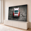 Porsche 911 clássico vermelho e branco visto de cima sobre piso de concreto cinza, quadro decorativo