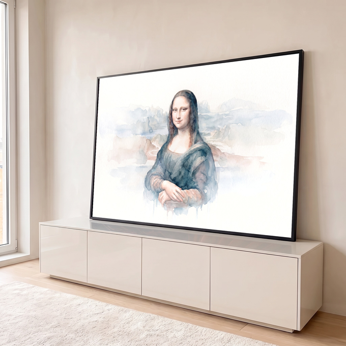 Quadro Decorativo Grande Mona Lisa Azul para Sala | quadros decorativos para sala | Mona Lisa em aquarela com fundo de montanhas azuis e bege | em Quadros para Sala | Porao dos Quadros