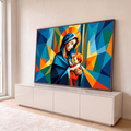 Virgem Maria com Menino Jesus no colo em arte geométrica cubista azul, laranja e dourada, quadro decorativo