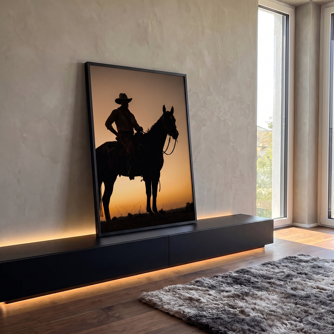 Silhueta de peão de chapéu montado a cavalo contra céu laranja de pôr do sol, quadro decorativo