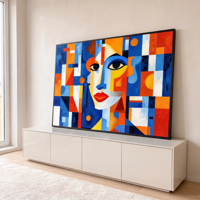 Rosto de mulher cubista com lábios vermelhos entre blocos geométricos azuis e laranja, quadro decorativo
