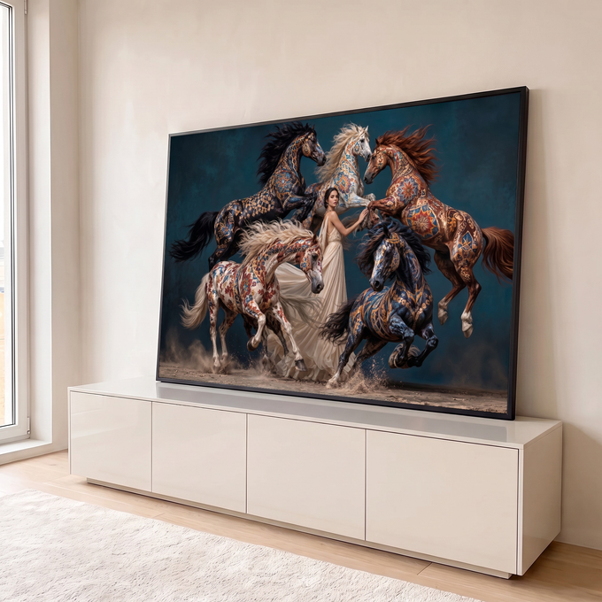 Cavalos empinados com estampas florais douradas em volta de mulher de vestido bege, fundo azul, quadro decorativo