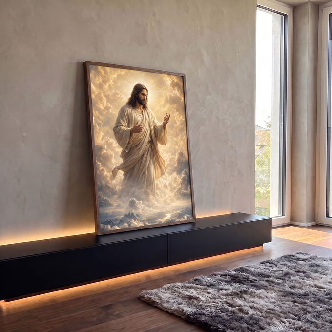 Quadro Decorativo Grande Jesus Cristo Nuvens para Sala | quadros decorativos para sala | Jesus Cristo de manto branco entre nuvens com raios de luz dourada ao fundo | em Quadros para Sala | Porao dos Quadros