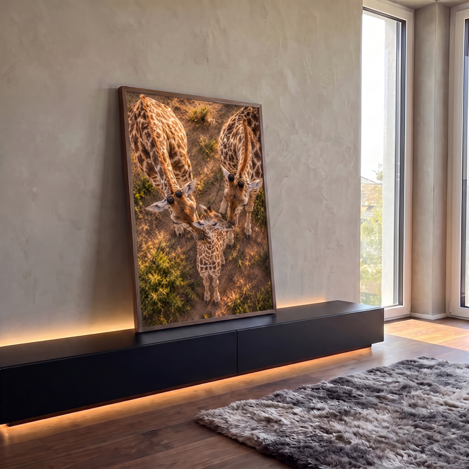 Duas girafas adultas e um filhote vistos de cima na savana com luz dourada, quadro decorativo