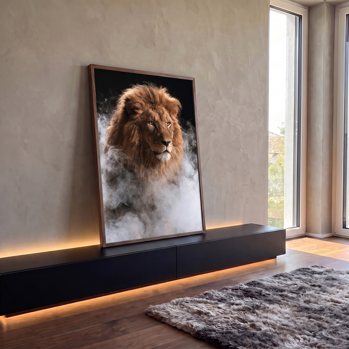 Leão de juba dourada e olhar âmbar envolto em fumaça branca sobre fundo preto, quadro decorativo