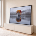 Quadro Decorativo Grande Árvore de Outono para Sala Laranja | quadros decorativos para sala | árvore de outono colorida refletida em lago calmo com neblina ao fundo | em Quadros para Sala | Porao dos Quadros