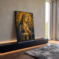 Quadro Decorativo Grande Nossa Senhora Véu para Sala | quadros decorativos para sala | Nossa Senhora em mosaico geométrico azul e dourado com mão sobre o peito | em Quadros para Sala | Porao dos Quadros