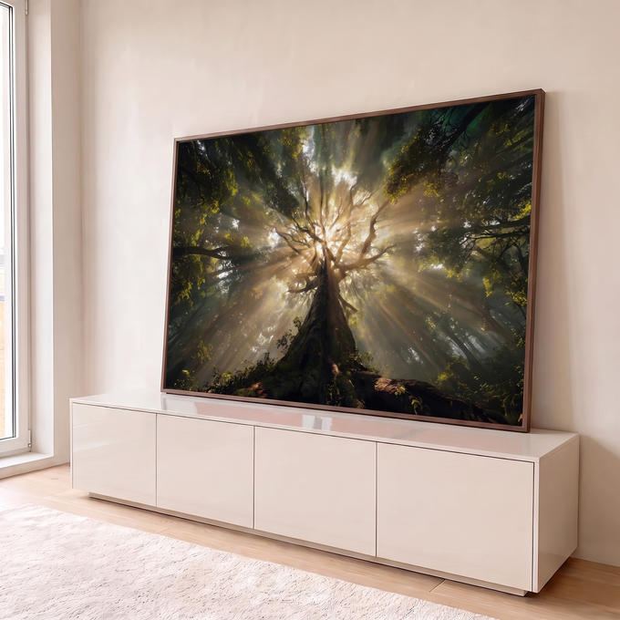 Quadro Decorativo Grande Árvore com Floresta para Sala Verde | quadros decorativos para sala | tronco de árvore visto de baixo com raios de sol atravessando a copa verde dourada | em Quadros para Sala | Porao dos Quadros