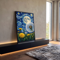 Quadro Decorativo Grande Dente de Leão Lua Cheia para Sala | quadros decorativos para sala | dente-de-leão florido sob céu estrelado em espirais azuis e lua cheia | em Quadros para Sala | Porao dos Quadros