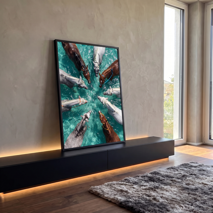 Nove cavalos brancos e alazões vistos de cima em roda na água turquesa, quadro decorativo