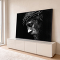 Quadro Decorativo Grande Jesus Cristo Branco para Sala Preto | quadros decorativos para sala | retrato de homem com coroa de espinhos e sangue na testa em preto e branco | em Quadros para Sala | Porao dos Quadros